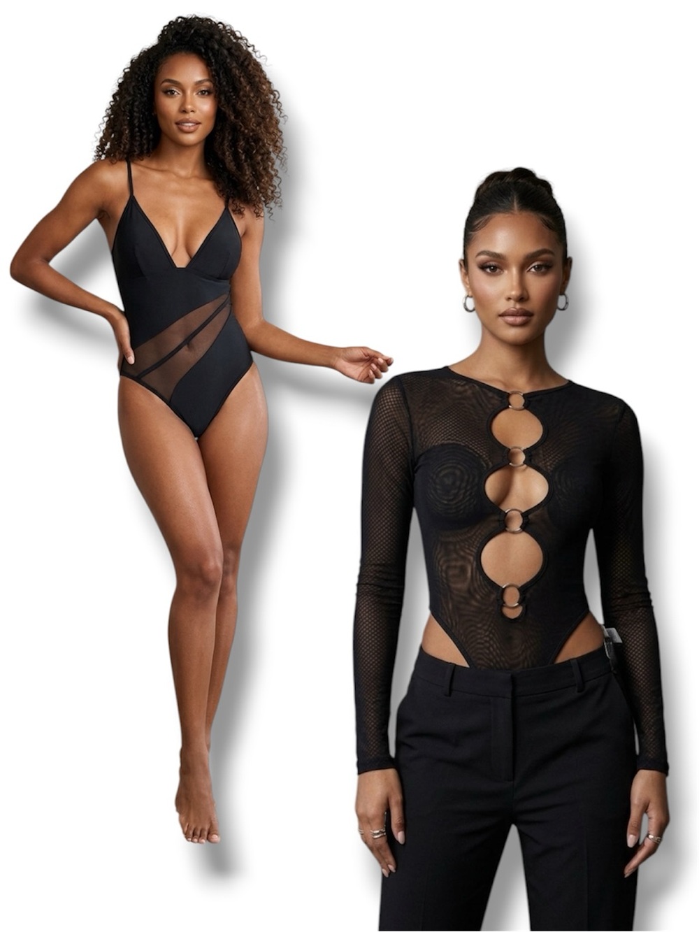 BUNDLE 2 Bohemian NWOT Super Sexy Mesh Sheer Cutout Black Bodysuits Size Medium